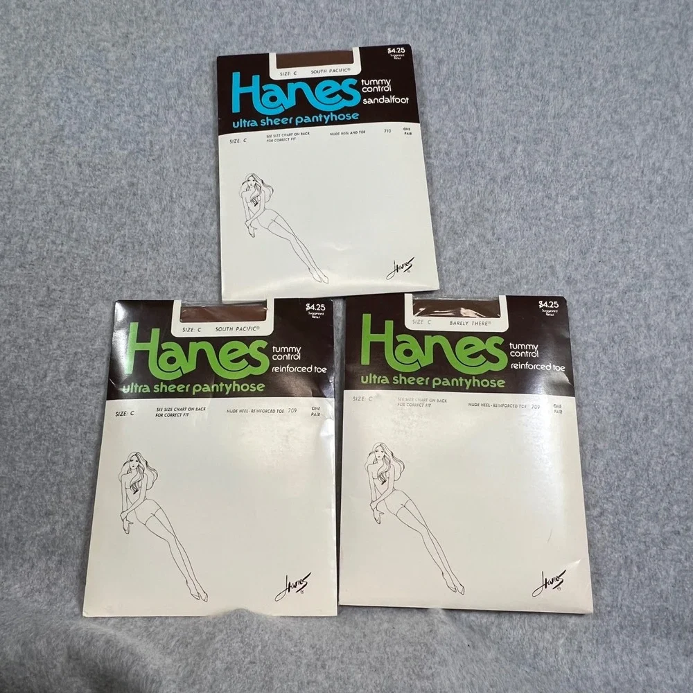 Vintage Lot of 3 1982 Hanes Ultra Sheer Pantyhose Size C Tummy Control 710 719